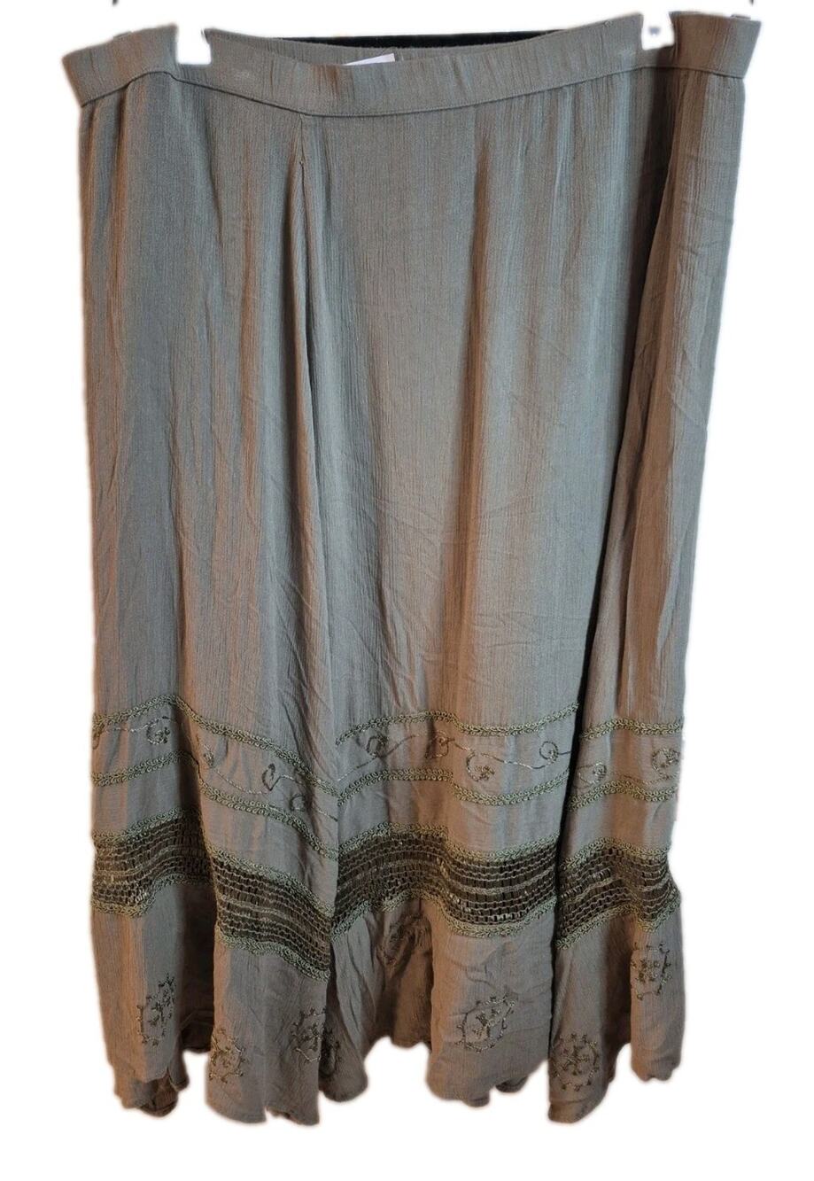 NWT Chico's Size XL 3 Artisan Amy Crochet Maxi Skirt Fatigue Green Boho